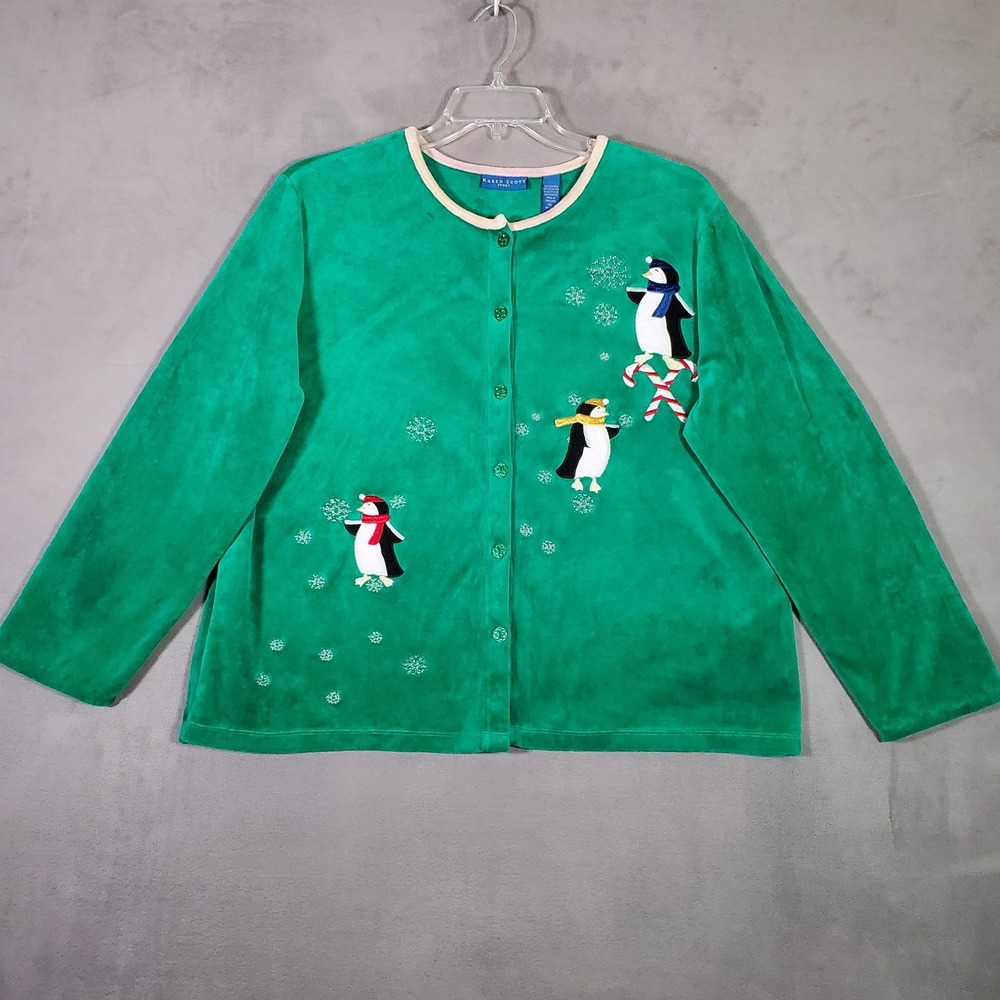 Karen Scott Sport Holiday Cardigan Women XL Green Penguins Embroidered Christmas